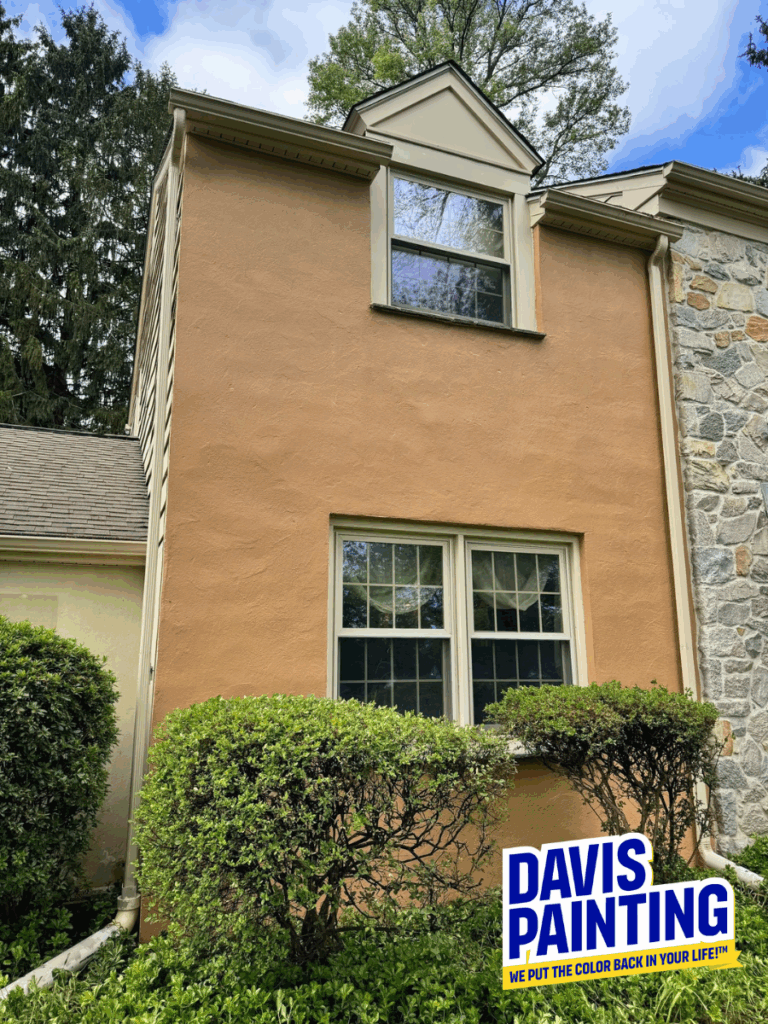 A tan-colored house exterior with two windows, surrounded by green bushes, under a blue sky. The Davis Painting logo and slogan appear in the bottom right corner.