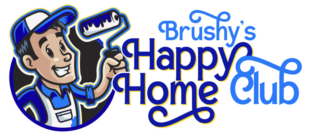 Cartoon man in a blue hat and overalls holding a paint roller, smiling. Beside him, text reads "Brushy's Happy Home Club" in cheerful blue, decorative fonts, inviting all to join the happy home club spirit.