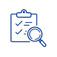 Blue line drawing of a clipboard with checkmarks and lines, alongside a magnifying glass positioned over part of the clipboard, symbolizing inspection or review in an acquisition process.