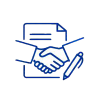 Blue line drawing of two hands shaking in front of a document, with a pen to the right, symbolizing an agreement or acquisition.