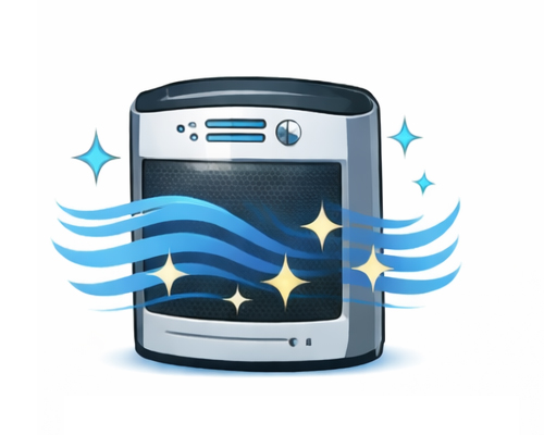 A digital illustration of an air purifier with blue airflow lines and sparkling stars, perfect for your next project to showcase clean and fresh air.
