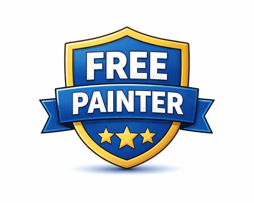 A blue and gold shield logo with the words "FREE PAINTER" in white text and three yellow stars at the bottom. A blue ribbon extends across the middle, highlighting expert service for your next project.