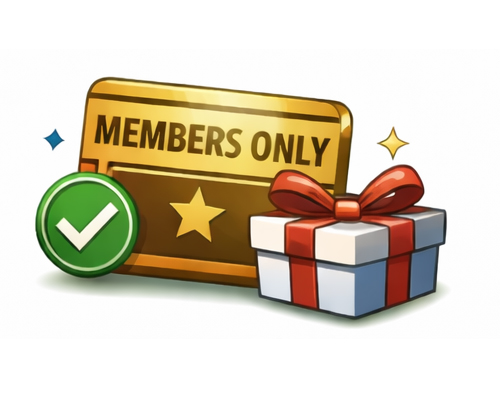A gold sign reading "Members Only" with a star, a green checkmark badge, and a white gift box with a red ribbon, suggesting exclusive rewards for your next project.