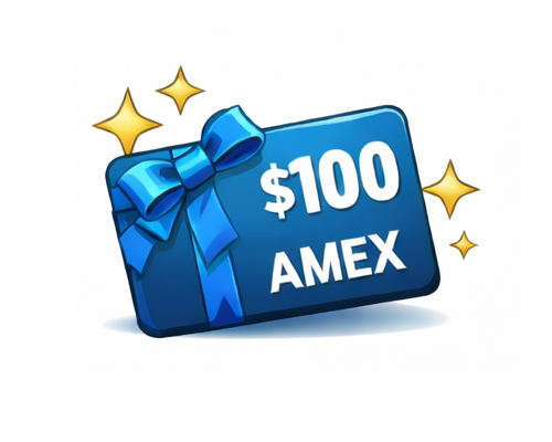 A blue $100 AMEX gift card with a bow and sparkling stars around it, symbolizing the perfect present or prize for your next project.