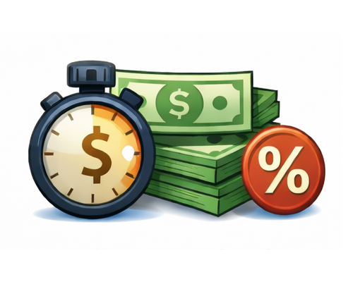 Illustration of a stopwatch with a dollar sign, stacks of cash, and a red percentage symbol, representing concepts of time, money, and interest rates—perfect for visualizing financial aspects in your next project.