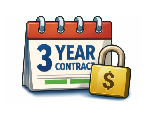 Illustration of a calendar showing "3 Year Contract" next to a gold padlock with a dollar sign, symbolizing a secure financial agreement for your next project over three years.