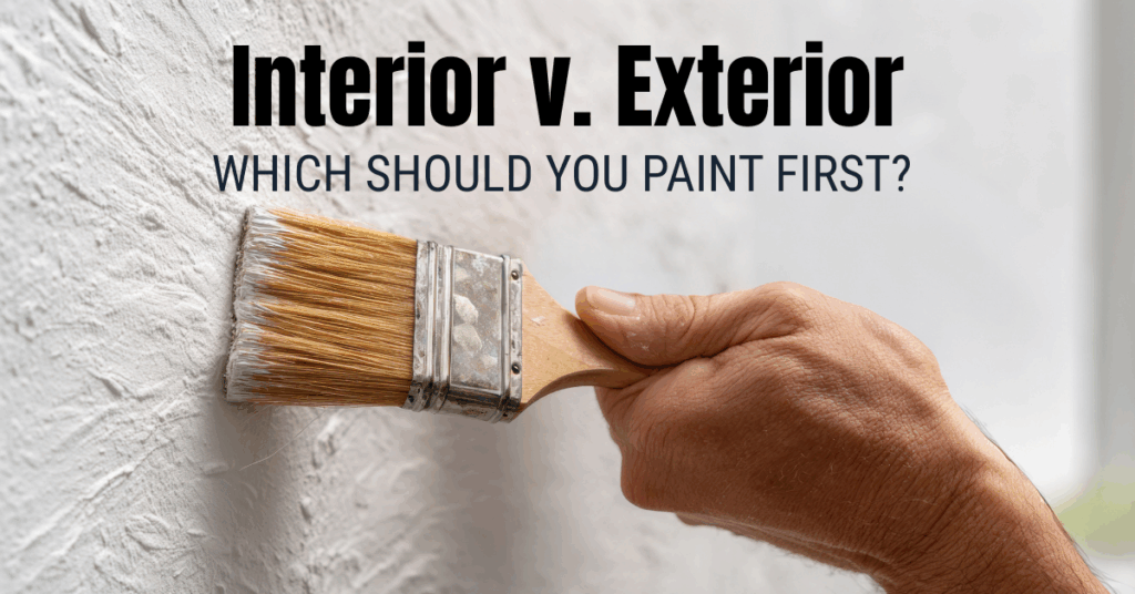 A hand holds a paintbrush, applying white paint to a textured wall. Text above reads: "Interior v. Exterior: Which Should You Paint First?.