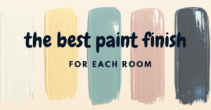 Five paint swatches in cream, yellow, green, pink, and dark blue shades with the text "the best paint finish for each room" written across them in bold, dark font.