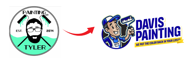 Two logos side by side with a red arrow between them, representing the acquisition: "Painting by Tyler" (a bearded man with paint rollers) and "Davis Painting" (a smiling painter and the tagline "We put the color back in your life!").