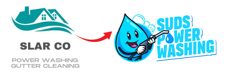 A logo transformation reflecting acquisition: on the left, “SLAR CO Power Washing Gutter Cleaning” with a teal house icon; on the right, a cheerful blue water droplet holding a pressure washer beside “SUDS POWER WASHING.”.