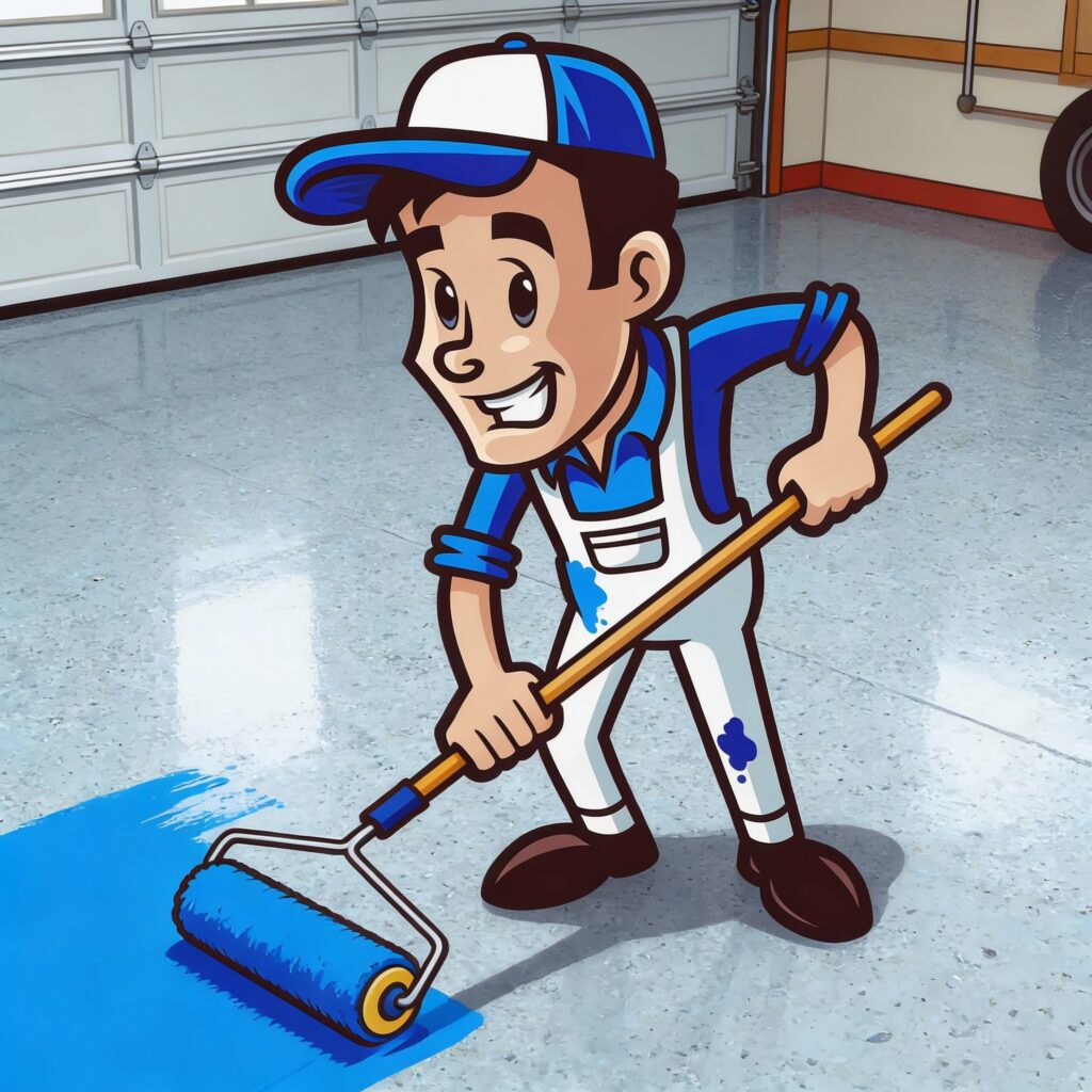 A cartoon man in overalls and a blue cap uses a paint roller to apply blue floor coatings to a clean, shiny garage floor. The background shows a tidy garage with white doors and beige walls.