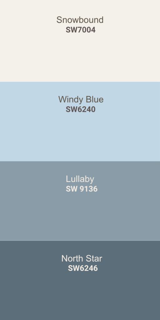 Four horizontal color swatches: off-white labeled "Snowbound SW7004," light blue "Windy Blue SW6240," medium blue "Lullaby SW9136," and darker blue "North Star SW6246.