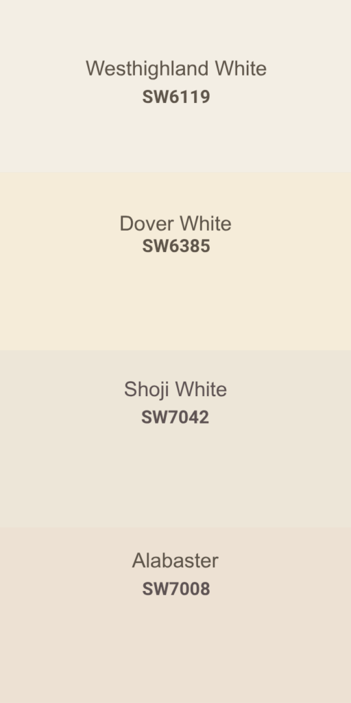 Four paint color swatches labeled Westhighland White SW6119, Dover White SW6385, Shoji White SW7042, and Alabaster SW7008, each in subtle shades of off-white and cream.