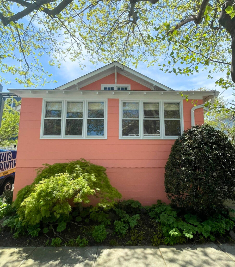 A small pink house with white trim and multiple front windows, partially shaded by tree branches above. Lush green bushes and plants grow in front of the house on a sunny day.