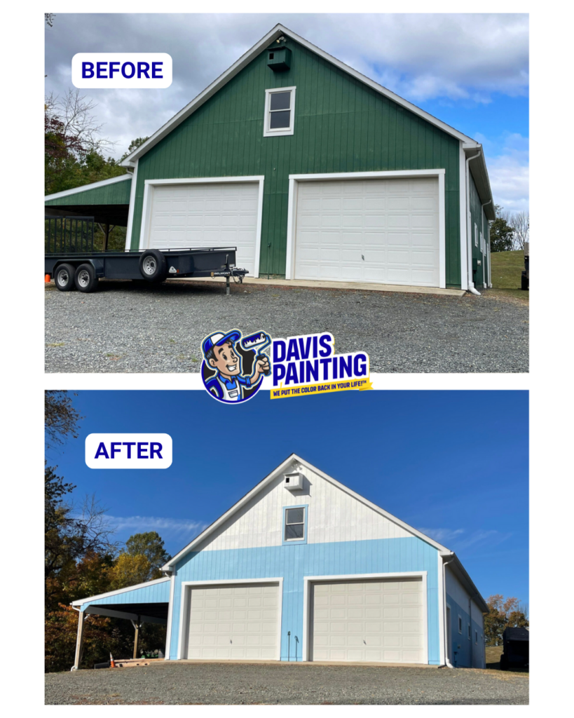 Before and after image of a garage: the top shows a green garage with white trim, and the bottom shows the same garage repainted blue with white trim, showcasing "Davis Painting" logo and branding.