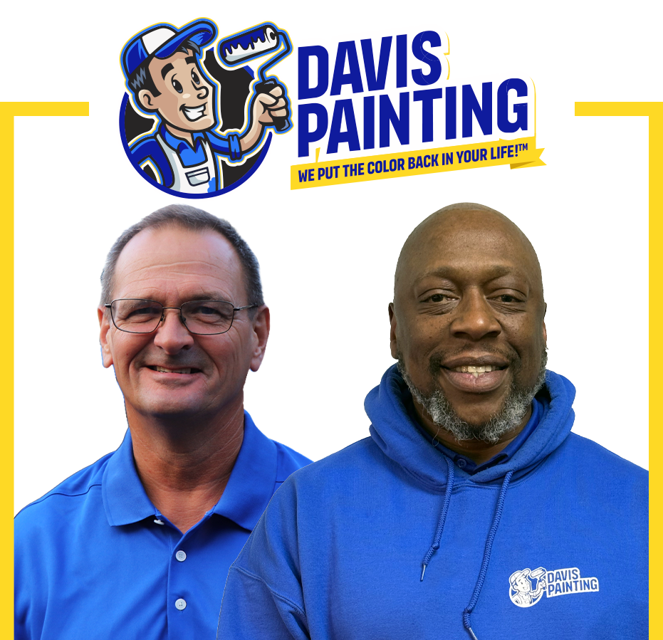 Two men smiling—one in a blue polo and glasses, the other in a blue Davis Painting hoodie. Above them, the Davis Painting logo with a cartoon painter and the slogan, "We put the color back in your life.