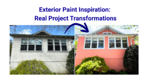 Side-by-side comparison of a house before and after exterior painting; left shows the house in a dull gray, while the right shows the same house in a vibrant coral color, with the text “Exterior Paint Inspiration: Real Project Transformations.”.