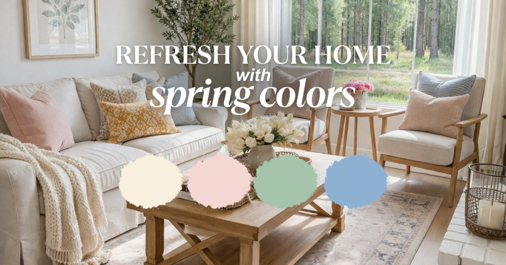 A bright, cozy living room with pastel pillows, light wood furniture, and large windows. Text reads, "Refresh your home with spring colors," above four pastel color swatches: cream, pink, green, and blue.