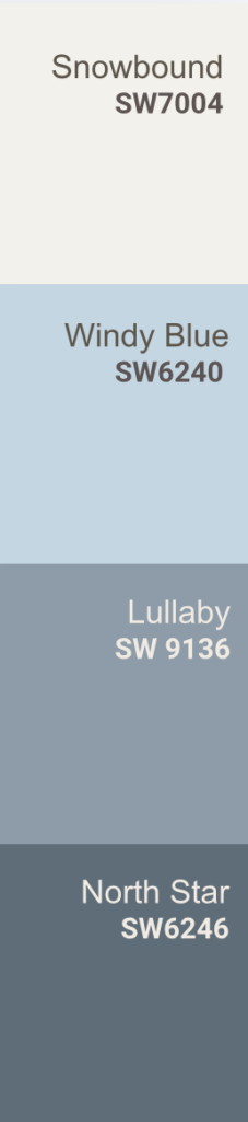Four paint color swatches in vertical order: off-white "Snowbound SW7004," light blue "Windy Blue SW6240," soft blue "Lullaby SW9136," and medium blue-gray "North Star SW6246.
