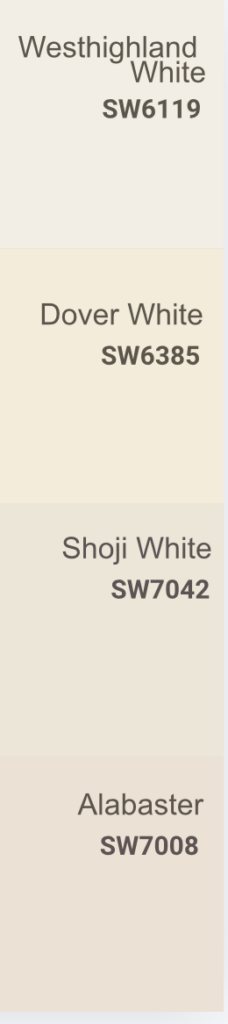 Four paint color swatches labeled: Westhighland White SW6119, Dover White SW6385, Shoji White SW7042, and Alabaster SW7008, each in a slightly different shade of off-white or cream.