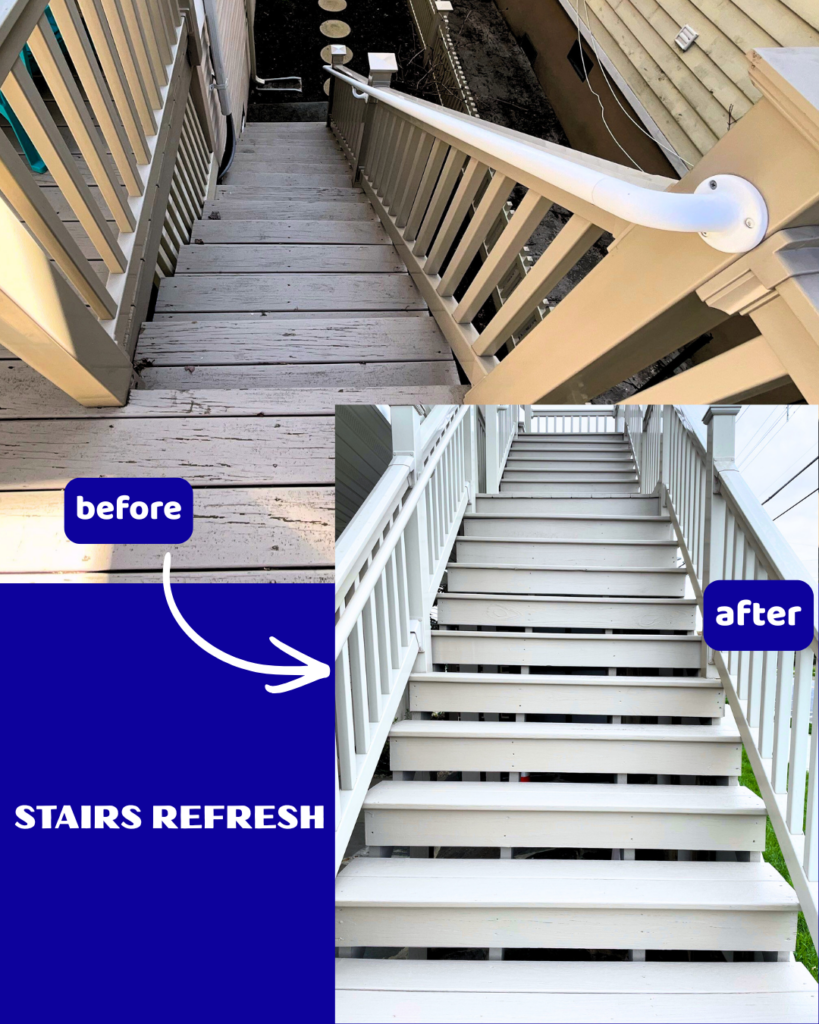 Collage showing a worn, gray outdoor staircase labeled "before," and the same staircase freshly painted white, labeled "after," with the text "STAIRS REFRESH" and an arrow highlighting the transformation.