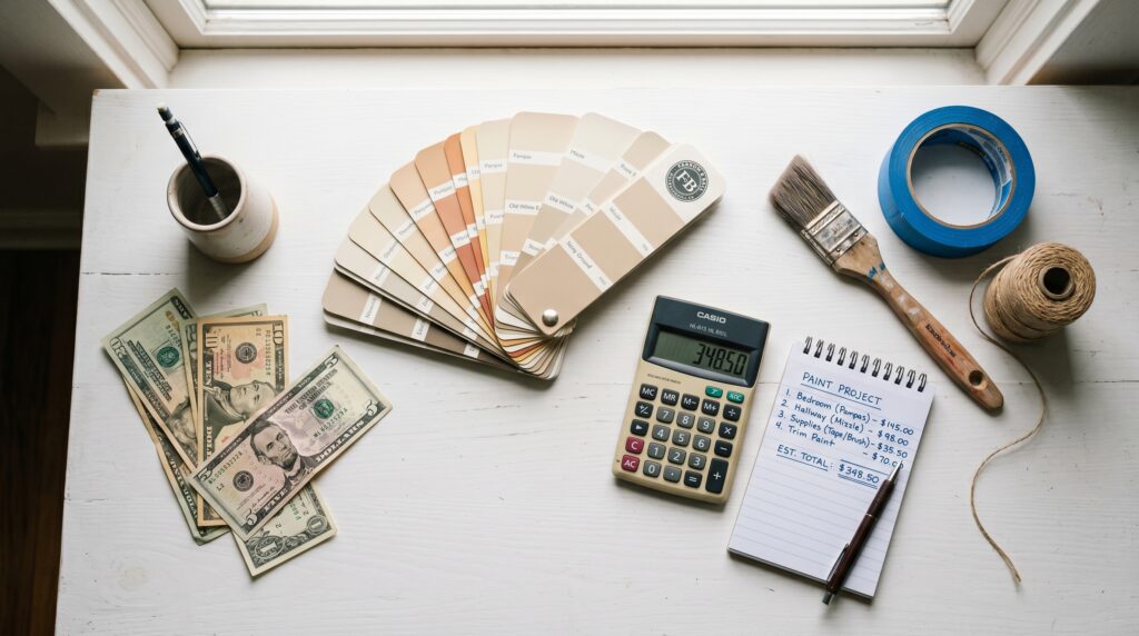 A white table displays a cup with pens, US dollar bills, paint swatches, a calculator, notepad labeled "Paint Project," a paintbrush, blue painter’s tape, and twine near a window.