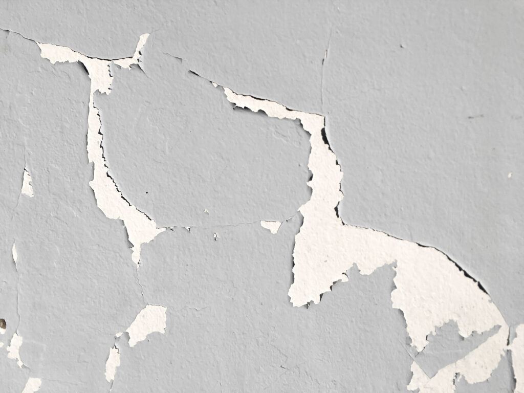 Close-up of a wall with light gray paint peeling and cracking, revealing white patches and rough texture underneath. The surface appears aged and damaged.