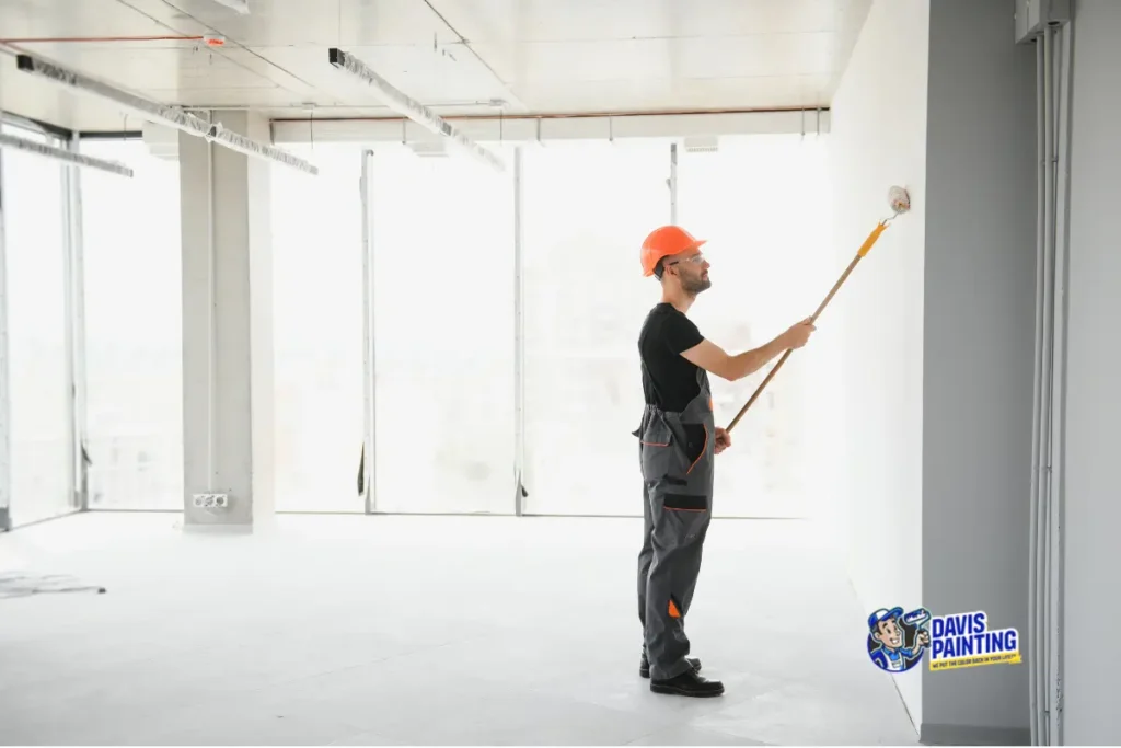 A construction worker wearing a hard hat and work clothes uses a roller to paint a white wall in a bright, empty room. The "Davis Painting" logo is visible in the bottom right corner, highlighting their expertise as a commercial painting contractor.