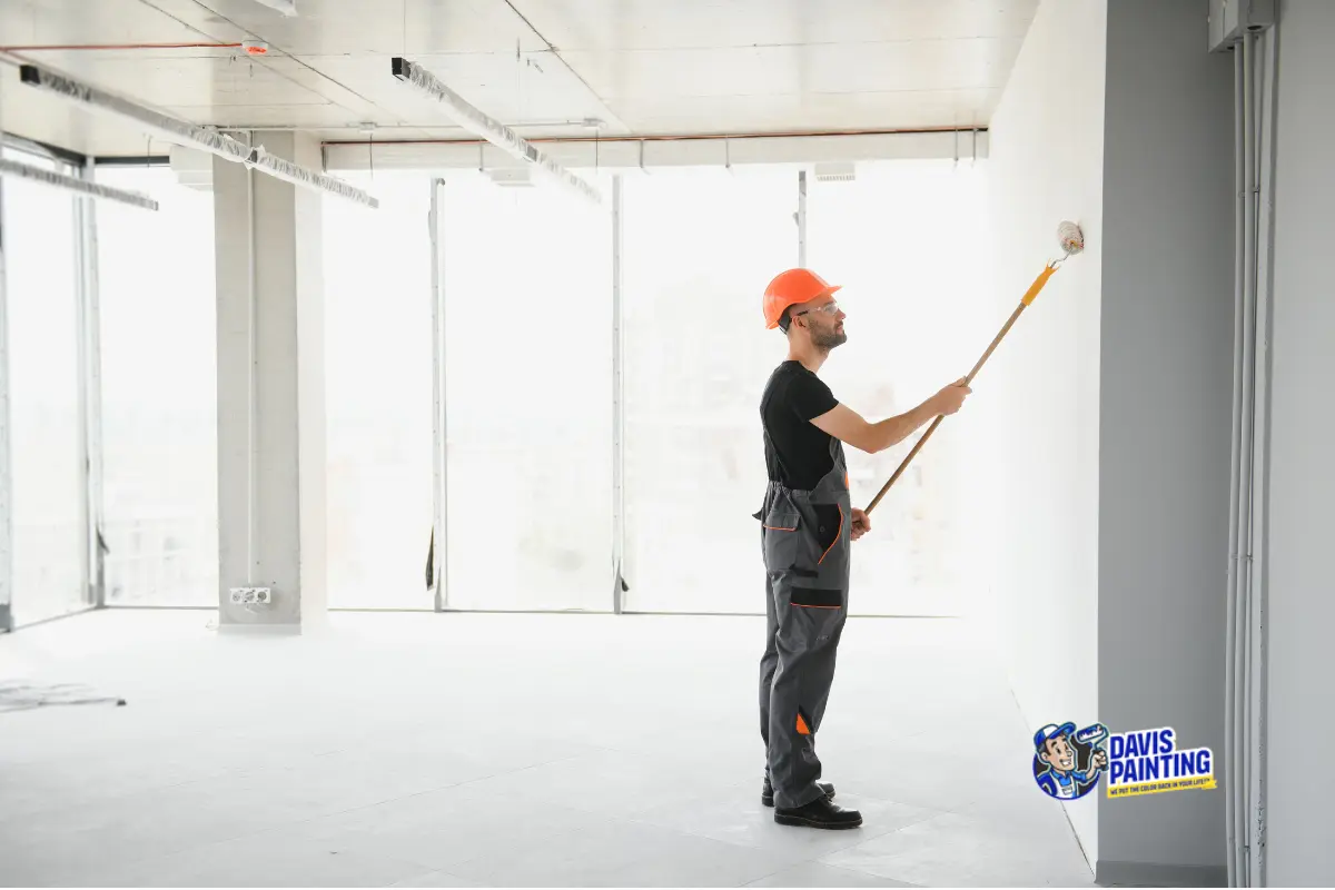 A construction worker wearing a hard hat and work clothes uses a roller to paint a white wall in a bright, empty room. The "Davis Painting" logo is visible in the bottom right corner, highlighting their expertise as a commercial painting contractor.