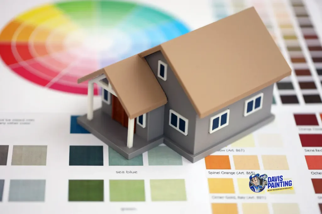 A small model house sits on top of paint color samples and a color wheel, reflecting the expertise of Davis Painting’s professional painting services, with their logo in the lower right corner.
