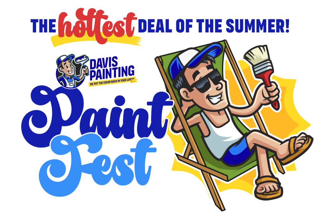 Cartoon man relaxing in a deck chair, smiling and holding a paintbrush, with bold text: "The hottest deal of the summer! Davis Painting Paint Fest—celebrate Independence Day 2025." Background shines with bright, sun-like yellow accents.