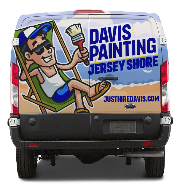 Cartoon man in sunglasses and a cap relaxes in a beach chair holding a paintbrush; text reads "Davis Painting Jersey Shore," highlighting top painting contractors New Jersey, and "JUSTHIREDAVIS.COM" on the back of a van with a beach scene background.