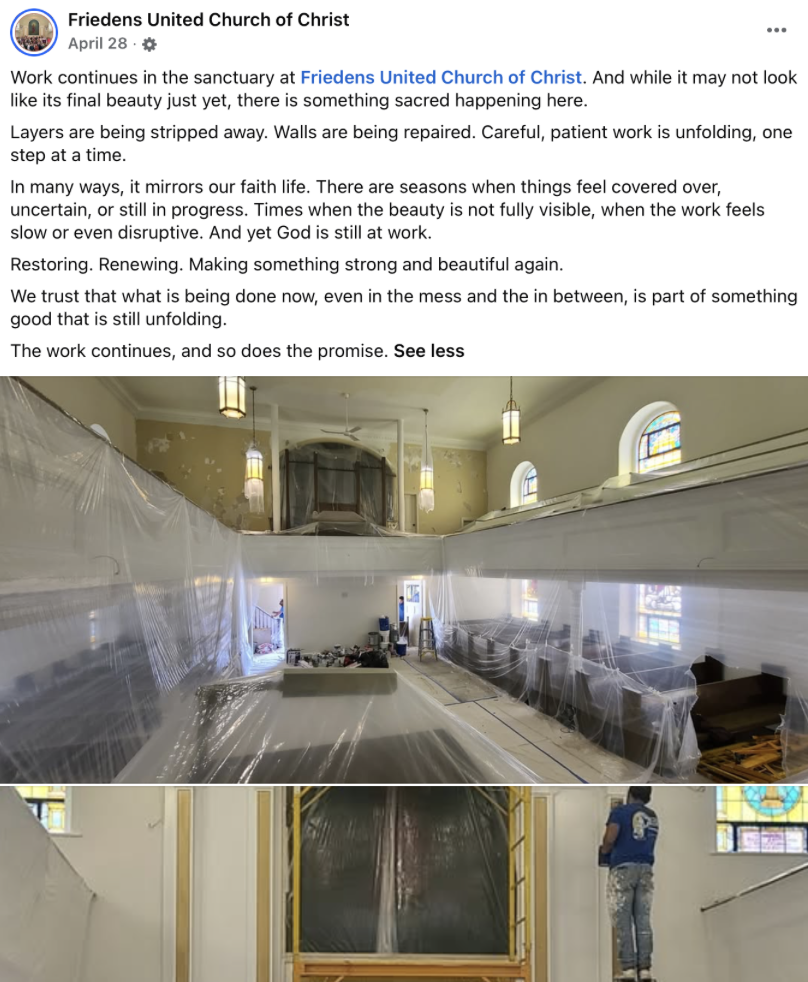 Three images show a church sanctuary under renovation, with plastic sheets covering pews and scaffolding set up near the altar. Debris and equipment are visible, highlighting ongoing restoration work inside the bright space.
