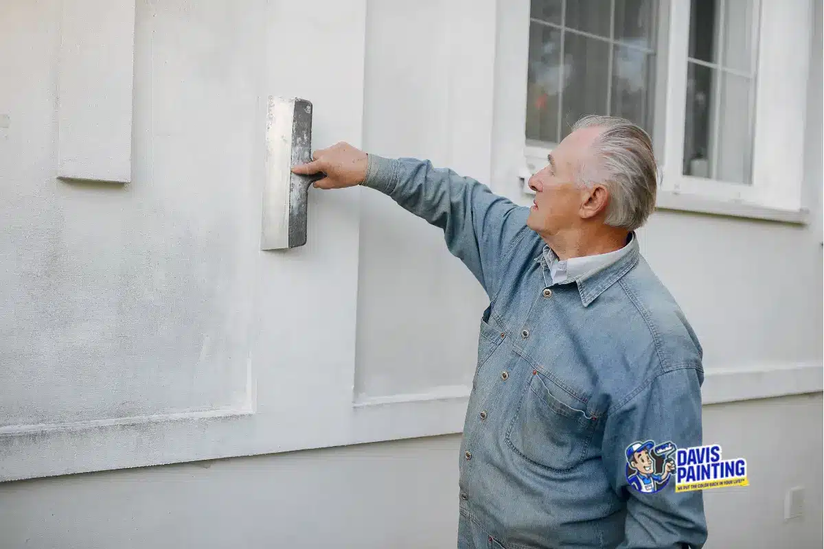 Residential painting mistakes Pennsylvania — homeowner applying exterior wall patch before painting showing common summer prep errors