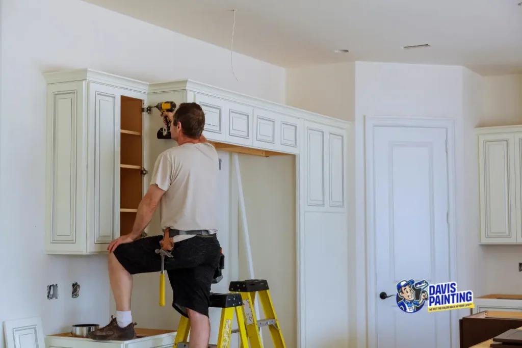Cabinet painting and replacement — professional installing white kitchen cabinets in a Pennsylvania home renovation