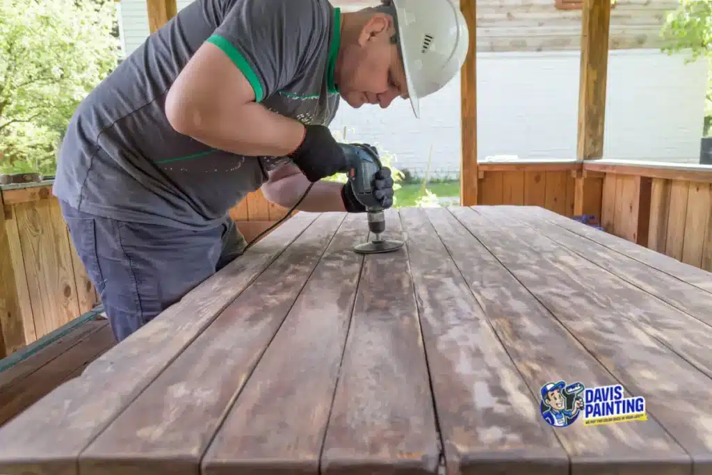 Deck staining preparation — Davis Painting professional sanding a weathered wood deck surface in Pennsylvania before applying stain