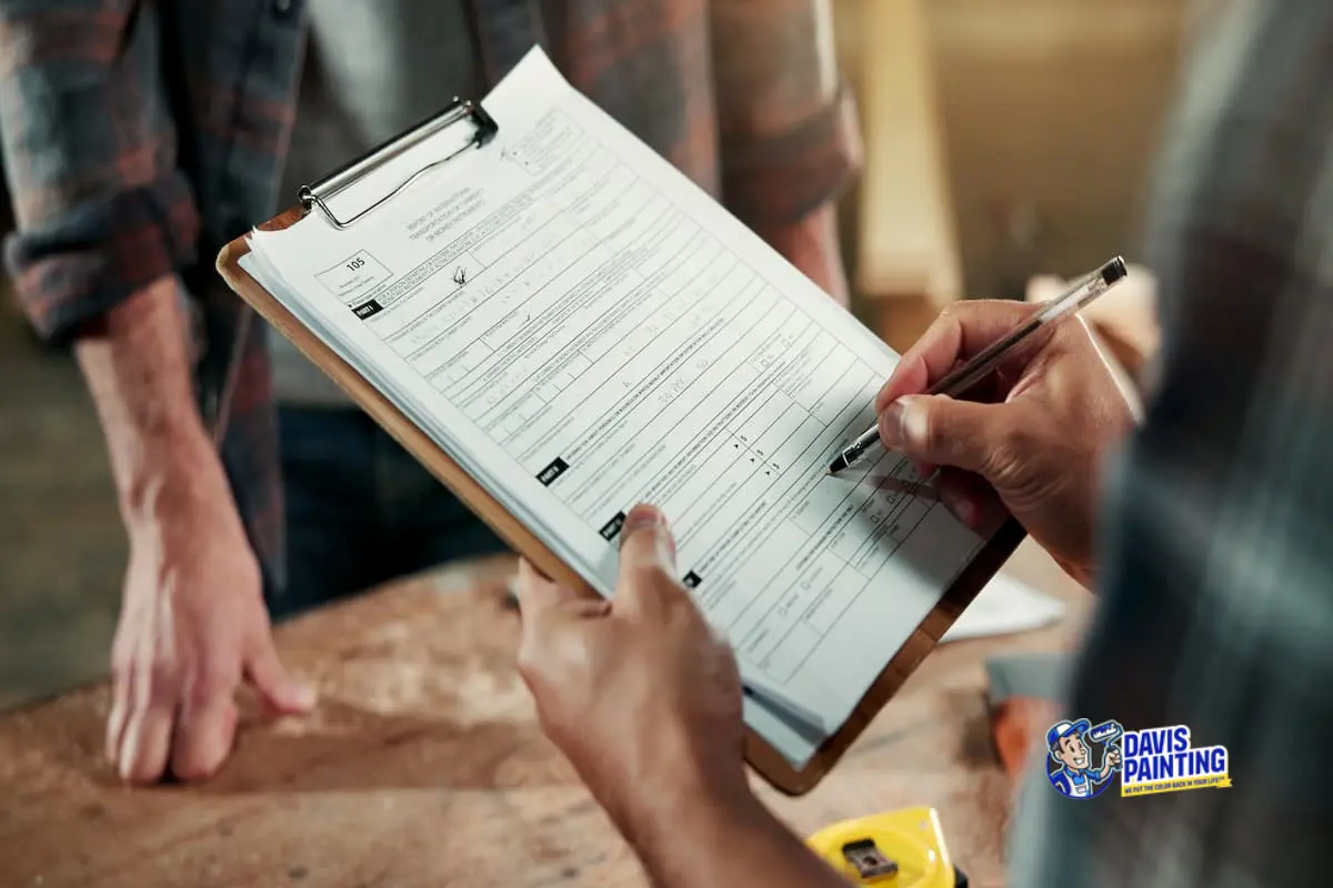 A person fills out a form about House Painting Cost on a clipboard while another person stands nearby. The Davis Painting logo appears in the bottom right corner.