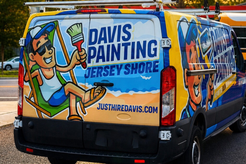 A van features a colorful “Davis Painting Jersey Shore” ad with a cartoon man in sunglasses and shorts painting while lounging. Promoting their reputation as Professional House Painters Near Me, the website justhiredavis.com is displayed below.