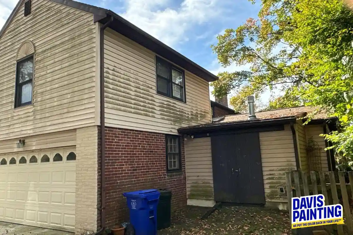 Two-story house with dirty, discolored siding and a brick section. There are blue recycling bins and fallen leaves in front. The “Davis Painting” logo is in the lower right corner. Power Washing Before Painting PA