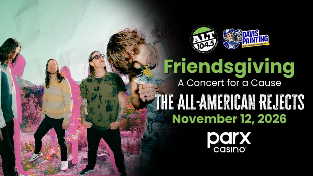 Poster for “Friendsgiving: A Concert for a Cause” featuring The All-American Rejects on November 12, 2026, at Parx Casino. Presented by ALT 104.5 and Davis Painting—your go-to professional house painters near me. Four band members stand on the left.