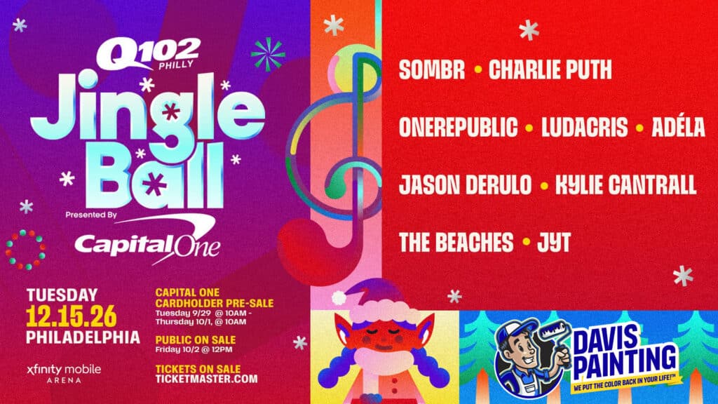 Colorful Q102 Jingle Ball 2026 poster with lineup: SOMBR, Charlie Puth, OneRepublic, Ludacris, Adéla, Jason Derulo, Kylie Cantrall, The Beaches, and Jyt. Event on 12/15 in Philadelphia. Holiday graphics featuring Santa and logo, with vibrant colors that could catch the eye of even the most creative professional house painters near me.