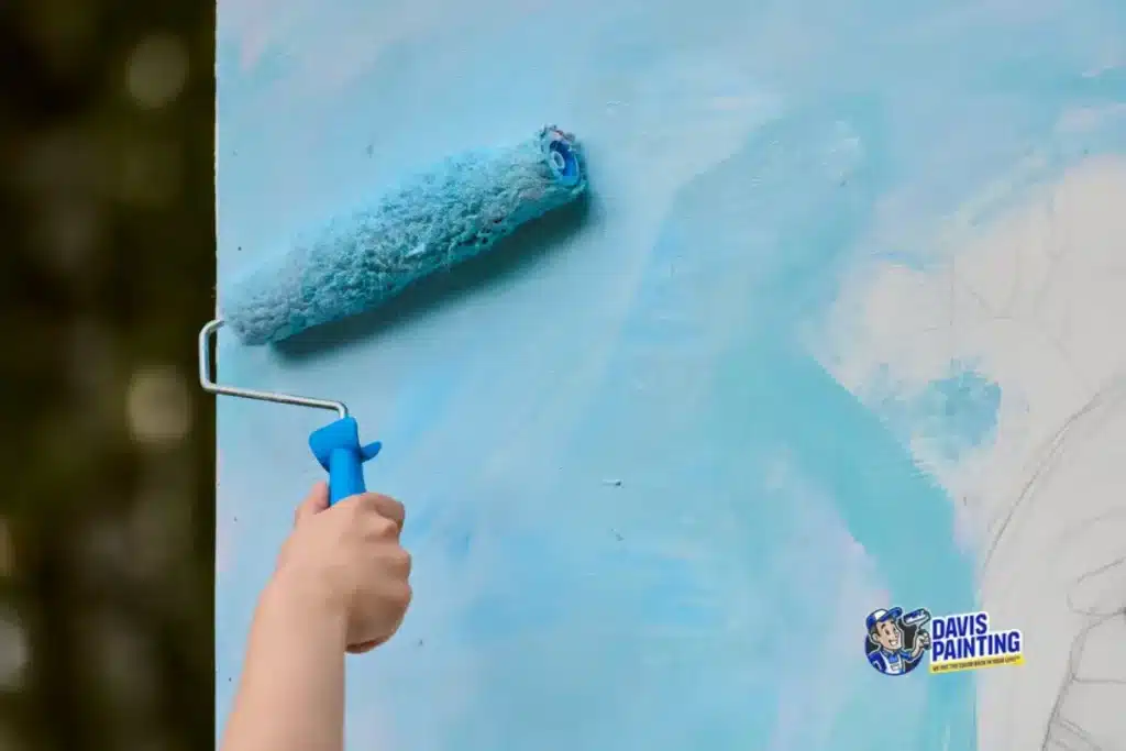 A hand uses a paint roller to apply non toxic paint to a surface, with the Davis Painting logo in the corner.